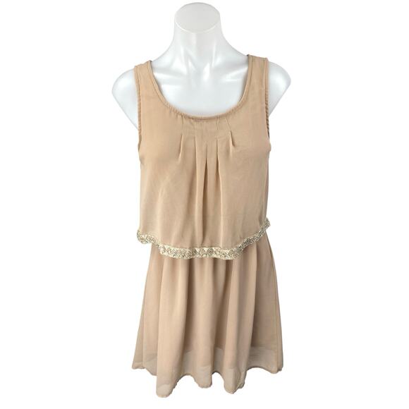 Blu Pepper Beige Tan Khaki Sleeveless Rhinestone Layered Mini Blouson Dress M - Picture 1 of 4